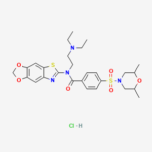 molecular formula C27H35ClN4O6S2 B2863986 N-([1,3]dioxolo[4',5':4,5]benzo[1,2-d]thiazol-6-yl)-N-(2-(diethylamino)ethyl)-4-((2,6-dimethylmorpholino)sulfonyl)benzamide hydrochloride CAS No. 1321988-02-6