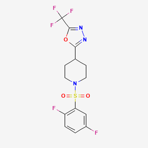 molecular formula C14H12F5N3O3S B2864037 2-(1-((2,5-Difluorophenyl)sulfonyl)piperidin-4-yl)-5-(trifluoromethyl)-1,3,4-oxadiazole CAS No. 1704565-22-9