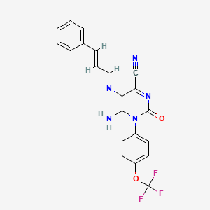 molecular formula C21H14F3N5O2 B2864130 6-amino-2-oxo-5-[[(E)-3-phenylprop-2-enylidene]amino]-1-[4-(trifluoromethoxy)phenyl]pyrimidine-4-carbonitrile CAS No. 1048915-35-0