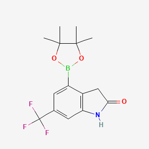 molecular formula C15H17BF3NO3 B2864266 4-(4,4,5,5-四甲基-1,3,2-二氧杂硼环-2-基)-6-(三氟甲基)-2,3-二氢-1H-吲哚-2-酮 CAS No. 2304635-22-9