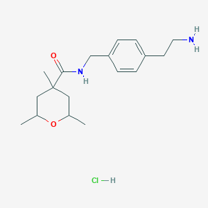 molecular formula C18H29ClN2O2 B2864310 N-[[4-(2-氨基乙基)苯基]甲基]-2,4,6-三甲基氧杂环-4-甲酰胺；盐酸盐 CAS No. 2418675-72-4