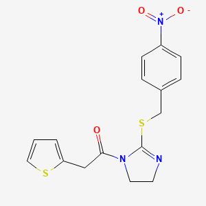 molecular formula C16H15N3O3S2 B2864362 1-[2-[(4-Nitrophenyl)methylsulfanyl]-4,5-dihydroimidazol-1-yl]-2-thiophen-2-ylethanone CAS No. 851802-53-4