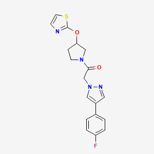molecular formula C18H17FN4O2S B2864379 2-(4-(4-氟苯基)-1H-吡唑-1-基)-1-(3-(噻唑-2-氧基)吡咯烷-1-基)乙酮 CAS No. 2198128-67-3