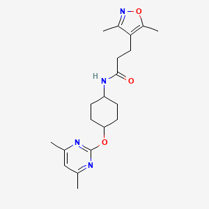 molecular formula C20H28N4O3 B2864400 3-(3,5-dimethylisoxazol-4-yl)-N-((1r,4r)-4-((4,6-dimethylpyrimidin-2-yl)oxy)cyclohexyl)propanamide CAS No. 2034438-73-6