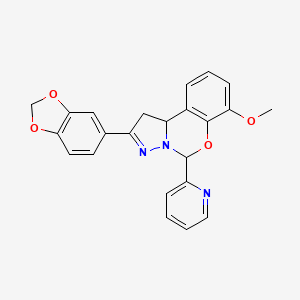 molecular formula C23H19N3O4 B2864468 2-(benzo[d][1,3]dioxol-5-yl)-7-methoxy-5-(pyridin-2-yl)-5,10b-dihydro-1H-benzo[e]pyrazolo[1,5-c][1,3]oxazine CAS No. 899746-63-5