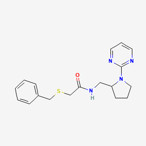 molecular formula C18H22N4OS B2864579 2-(苄硫基)-N-{[1-(嘧啶-2-基)吡咯烷-2-基]甲基}乙酰胺 CAS No. 2097884-67-6