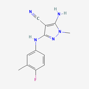 molecular formula C12H12FN5 B2864630 5-amino-3-(4-fluoro-3-methylanilino)-1-methyl-1H-pyrazole-4-carbonitrile CAS No. 956778-58-8