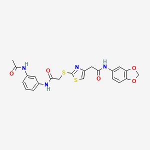 molecular formula C22H20N4O5S2 B2864649 N-(3-acetamidophenyl)-2-((4-(2-(benzo[d][1,3]dioxol-5-ylamino)-2-oxoethyl)thiazol-2-yl)thio)acetamide CAS No. 954095-24-0