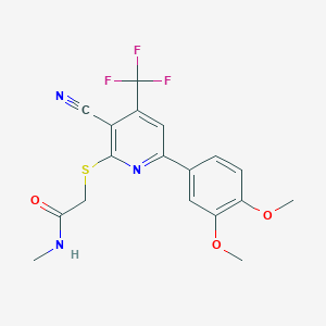 molecular formula C18H16F3N3O3S B2864680 2-((3-cyano-6-(3,4-dimethoxyphenyl)-4-(trifluoromethyl)pyridin-2-yl)thio)-N-methylacetamide CAS No. 905787-05-5