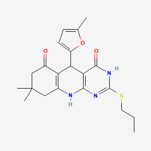 molecular formula C21H25N3O3S B2864691 8,8-dimethyl-5-(5-methylfuran-2-yl)-2-(propylthio)-7,8,9,10-tetrahydropyrimido[4,5-b]quinoline-4,6(3H,5H)-dione CAS No. 627049-20-1