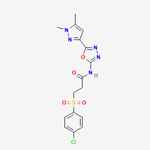 molecular formula C16H16ClN5O4S B2864701 3-((4-chlorophenyl)sulfonyl)-N-(5-(1,5-dimethyl-1H-pyrazol-3-yl)-1,3,4-oxadiazol-2-yl)propanamide CAS No. 1171825-88-9