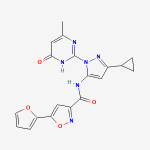 molecular formula C19H16N6O4 B2864714 N-(3-cyclopropyl-1-(4-methyl-6-oxo-1,6-dihydropyrimidin-2-yl)-1H-pyrazol-5-yl)-5-(furan-2-yl)isoxazole-3-carboxamide CAS No. 1202992-26-4