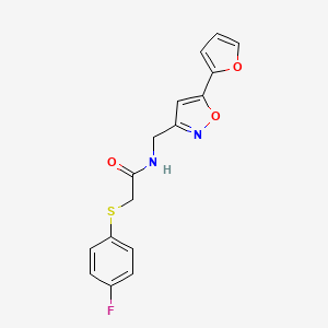 molecular formula C16H13FN2O3S B2864763 2-((4-fluorophenyl)thio)-N-((5-(furan-2-yl)isoxazol-3-yl)methyl)acetamide CAS No. 1210432-23-7