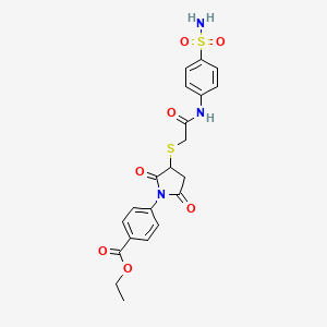 molecular formula C21H21N3O7S2 B2864799 Ethyl 4-[2,5-dioxo-3-({[(4-sulfamoylphenyl)carbamoyl]methyl}sulfanyl)pyrrolidin-1-yl]benzoate CAS No. 868154-99-8