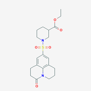 molecular formula C20H26N2O5S B2864900 Ethyl 1-((3-oxo-1,2,3,5,6,7-hexahydropyrido[3,2,1-ij]quinolin-9-yl)sulfonyl)piperidine-3-carboxylate CAS No. 898464-76-1