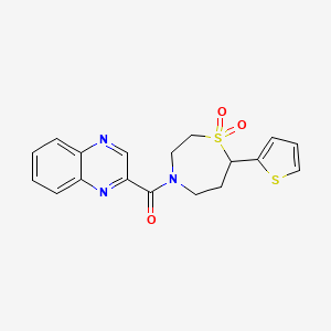 molecular formula C18H17N3O3S2 B2864928 (1,1-二氧化-7-(噻吩-2-基)-1,4-噻二氮杂环-4-基)(喹喔啉-2-基)甲苯酮 CAS No. 2034421-34-4
