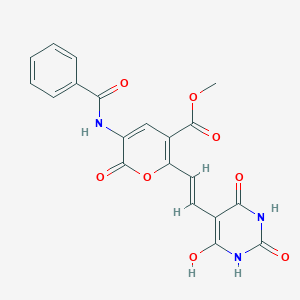 molecular formula C20H15N3O8 B2864955 3-苯甲酰氨基-2-氧代-6-[(E)-2-(2,4,6-三羟基嘧啶-5-基)乙烯基]-2H-吡喃-5-羧酸甲酯 CAS No. 341966-37-8
