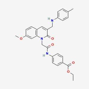 molecular formula C29H29N3O5 B2865011 ethyl 4-(2-(7-methoxy-2-oxo-3-((p-tolylamino)methyl)quinolin-1(2H)-yl)acetamido)benzoate CAS No. 932308-66-2