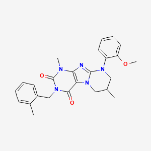 molecular formula C25H27N5O3 B2865100 9-(2-甲氧基苯基)-1,7-二甲基-3-(2-甲基苄基)-6,7,8,9-四氢嘧啶并[2,1-f]嘌呤-2,4(1H,3H)-二酮 CAS No. 877617-30-6