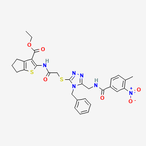 molecular formula C30H30N6O6S2 B2865123 ethyl 2-[[2-[[4-benzyl-5-[[(4-methyl-3-nitrobenzoyl)amino]methyl]-1,2,4-triazol-3-yl]sulfanyl]acetyl]amino]-5,6-dihydro-4H-cyclopenta[b]thiophene-3-carboxylate CAS No. 393849-91-7