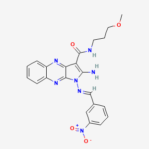 molecular formula C22H21N7O4 B2865126 (E)-2-氨基-N-(3-甲氧基丙基)-1-((3-硝基苄叉)氨基)-1H-吡咯并[2,3-b]喹喔啉-3-甲酰胺 CAS No. 835911-83-6