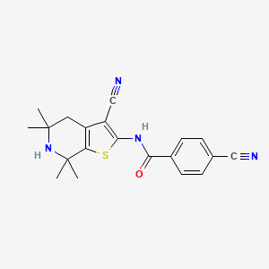 molecular formula C20H20N4OS B2865128 4-cyano-N-(3-cyano-5,5,7,7-tetramethyl-4,6-dihydrothieno[2,3-c]pyridin-2-yl)benzamide CAS No. 887902-27-4