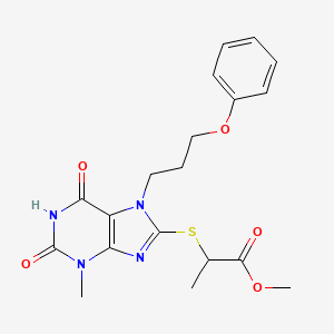 molecular formula C19H22N4O5S B2865150 methyl 2-((3-methyl-2,6-dioxo-7-(3-phenoxypropyl)-2,3,6,7-tetrahydro-1H-purin-8-yl)thio)propanoate CAS No. 1105245-50-8