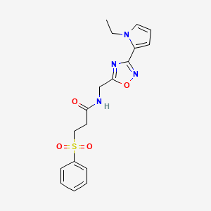 molecular formula C18H20N4O4S B2865157 N-((3-(1-乙基-1H-吡咯-2-基)-1,2,4-恶二唑-5-基)甲基)-3-(苯磺酰基)丙酰胺 CAS No. 2034453-94-4