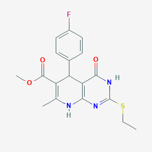 molecular formula C18H18FN3O3S B2865165 2-(乙基硫烷基)-5-(4-氟苯基)-7-甲基-4-氧代-3,4,5,8-四氢吡啶并[2,3-d]嘧啶-6-甲酸甲酯 CAS No. 537004-51-6
