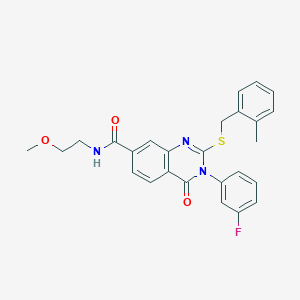 molecular formula C26H24FN3O3S B2865178 3-(3-fluorophenyl)-N-(2-methoxyethyl)-2-((2-methylbenzyl)thio)-4-oxo-3,4-dihydroquinazoline-7-carboxamide CAS No. 946300-59-0