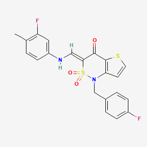 molecular formula C21H16F2N2O3S2 B2865247 (3Z)-1-(4-fluorobenzyl)-3-{[(3-fluoro-4-methylphenyl)amino]methylene}-1H-thieno[3,2-c][1,2]thiazin-4(3H)-one 2,2-dioxide CAS No. 894682-19-0