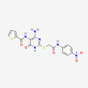 molecular formula C17H14N6O5S2 B2865328 N-(4-amino-2-((2-((4-nitrophenyl)amino)-2-oxoethyl)thio)-6-oxo-1,6-dihydropyrimidin-5-yl)thiophene-2-carboxamide CAS No. 868225-69-8
