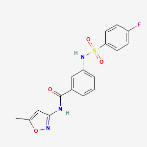 molecular formula C17H14FN3O4S B2865347 3-[(4-fluorophenyl)sulfonylamino]-N-(5-methyl-1,2-oxazol-3-yl)benzamide CAS No. 898466-46-1