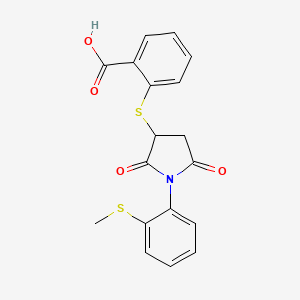 molecular formula C18H15NO4S2 B2865398 2-((1-(2-(Methylthio)phenyl)-2,5-dioxopyrrolidin-3-yl)thio)benzoic acid CAS No. 303033-67-2