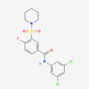 molecular formula C18H17Cl2FN2O3S B2865405 N-(3,5-dichlorophenyl)-4-fluoro-3-(piperidine-1-sulfonyl)benzamide CAS No. 451499-10-8