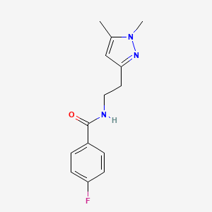 molecular formula C14H16FN3O B2865410 N-(2-(1,5-二甲基-1H-吡唑-3-基)乙基)-4-氟苯甲酰胺 CAS No. 2034235-99-7
