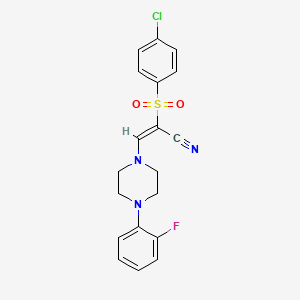 molecular formula C19H17ClFN3O2S B2865445 2-((4-Chlorophenyl)sulfonyl)-3-(4-(2-fluorophenyl)piperazinyl)prop-2-enenitrile CAS No. 1025651-88-0