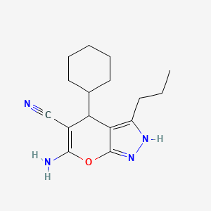 molecular formula C16H22N4O B2865470 6-Amino-4-cyclohexyl-3-propyl-2,4-dihydropyrano[2,3-c]pyrazole-5-carbonitrile CAS No. 337500-60-4