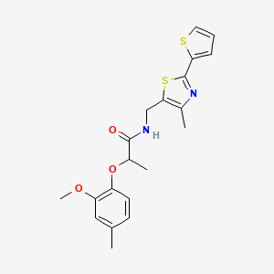 molecular formula C20H22N2O3S2 B2865591 2-(2-methoxy-4-methylphenoxy)-N-((4-methyl-2-(thiophen-2-yl)thiazol-5-yl)methyl)propanamide CAS No. 1421524-05-1