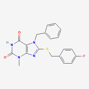 molecular formula C20H17FN4O2S B2865626 7-benzyl-8-((4-fluorobenzyl)thio)-3-methyl-1H-purine-2,6(3H,7H)-dione CAS No. 377053-91-3