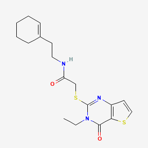 molecular formula C18H23N3O2S2 B2865642 N-[2-(环己-1-烯-1-基)乙基]-2-[(3-乙基-4-氧代-3,4-二氢噻吩[3,2-d]嘧啶-2-基)硫代]乙酰胺 CAS No. 1260923-51-0