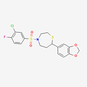 molecular formula C18H17ClFNO4S2 B2865709 7-(苯并[d][1,3]二氧杂环-5-基)-4-((3-氯-4-氟苯基)磺酰基)-1,4-噻氮杂环 CAS No. 1705980-07-9