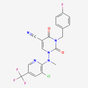 molecular formula C19H12ClF4N5O2 B2865782 1-[[3-Chloro-5-(trifluoromethyl)pyridin-2-yl]-methylamino]-3-[(4-fluorophenyl)methyl]-2,4-dioxopyrimidine-5-carbonitrile CAS No. 338399-26-1
