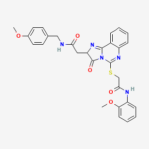 molecular formula C29H27N5O5S B2865891 2-[5-[2-(2-甲氧基苯胺)-2-氧代乙基]硫代-3-氧代-2H-咪唑并[1,2-c]喹唑啉-2-基]-N-[(4-甲氧基苯基)甲基]乙酰胺 CAS No. 1023456-33-8