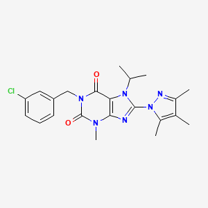 molecular formula C22H25ClN6O2 B2865921 1-(3-chlorobenzyl)-7-isopropyl-3-methyl-8-(3,4,5-trimethyl-1H-pyrazol-1-yl)-1H-purine-2,6(3H,7H)-dione CAS No. 1014009-28-9