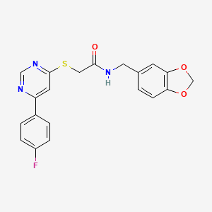 molecular formula C20H16FN3O3S B2865951 N-(benzo[d][1,3]dioxol-5-ylmethyl)-2-((6-(4-fluorophenyl)pyrimidin-4-yl)thio)acetamide CAS No. 1251560-37-8