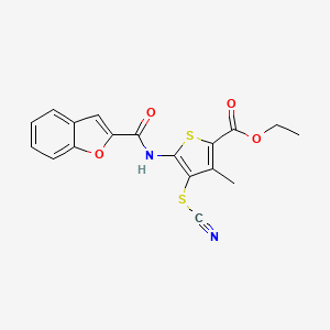 molecular formula C18H14N2O4S2 B2865973 Ethyl 5-(benzofuran-2-carboxamido)-3-methyl-4-thiocyanatothiophene-2-carboxylate CAS No. 923457-86-7