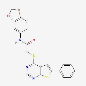 molecular formula C21H15N3O3S2 B2866044 N-(2H-1,3-benzodioxol-5-yl)-2-({6-phenylthieno[2,3-d]pyrimidin-4-yl}sulfanyl)acetamide CAS No. 315708-10-2