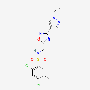 molecular formula C15H15Cl2N5O3S B2866055 2,4-二氯-N-((3-(1-乙基-1H-吡唑-4-基)-1,2,4-恶二唑-5-基)甲基)-5-甲基苯磺酰胺 CAS No. 2185590-22-9