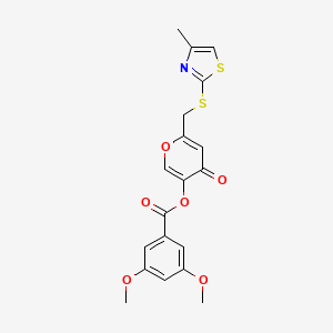 molecular formula C19H17NO6S2 B2866069 6-(((4-methylthiazol-2-yl)thio)methyl)-4-oxo-4H-pyran-3-yl 3,5-dimethoxybenzoate CAS No. 896303-17-6